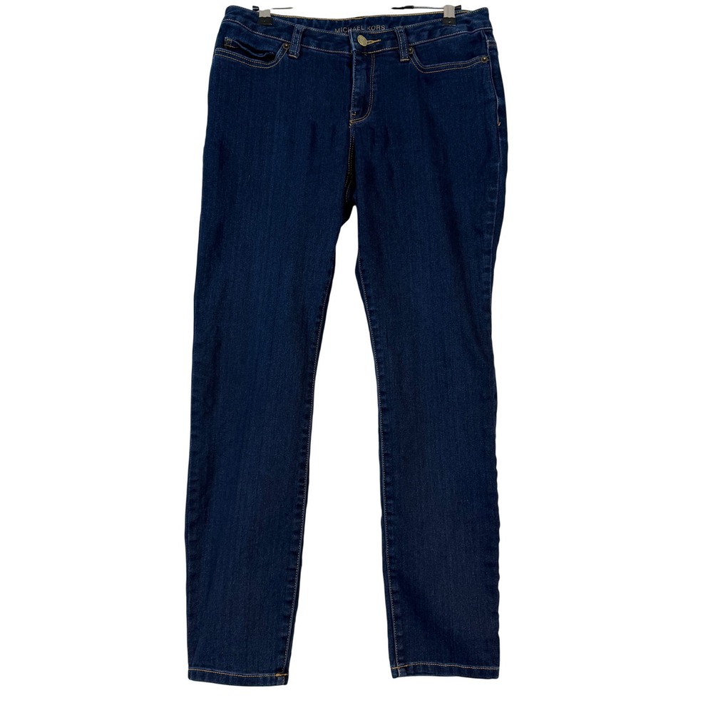 Michael Kors Womens Size 6 Dark Wash Skinny Jeans Gold Logo Hardware Stretch